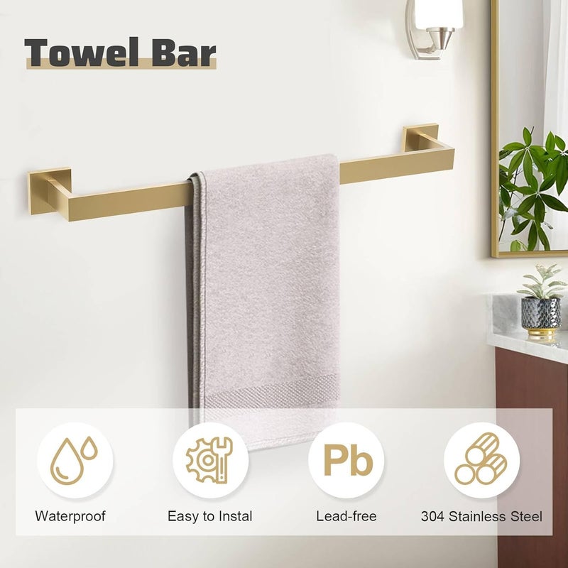 TNOMS 5-Piece Towel Bar Set Brushed Gold Bathroom Hardware Accessories Set Includes Upgraded Double Base Toilet Paper Holder,Modern Square Towel Holder Set Stainless Steel Wall Mount 23.6 Inch - Image 3